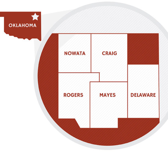 Map of Oklahoma which outlines Bates Pest Control's five county service range