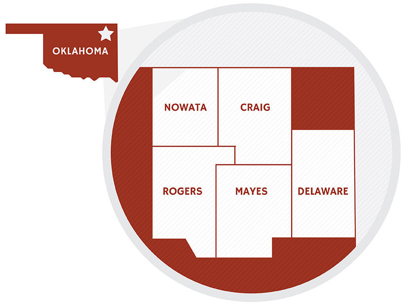 Map of Oklahoma which outlines Bates Pest Control's five county service range