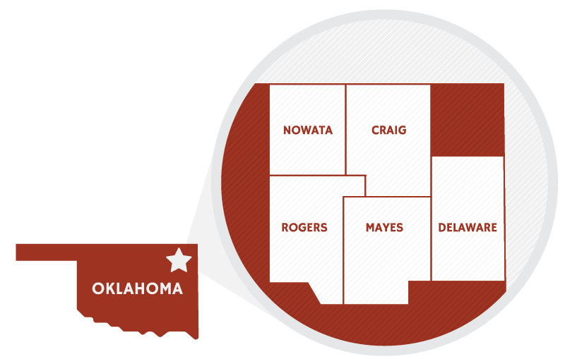 Oklahoma map outlining the five county service range of Bates Pest Control